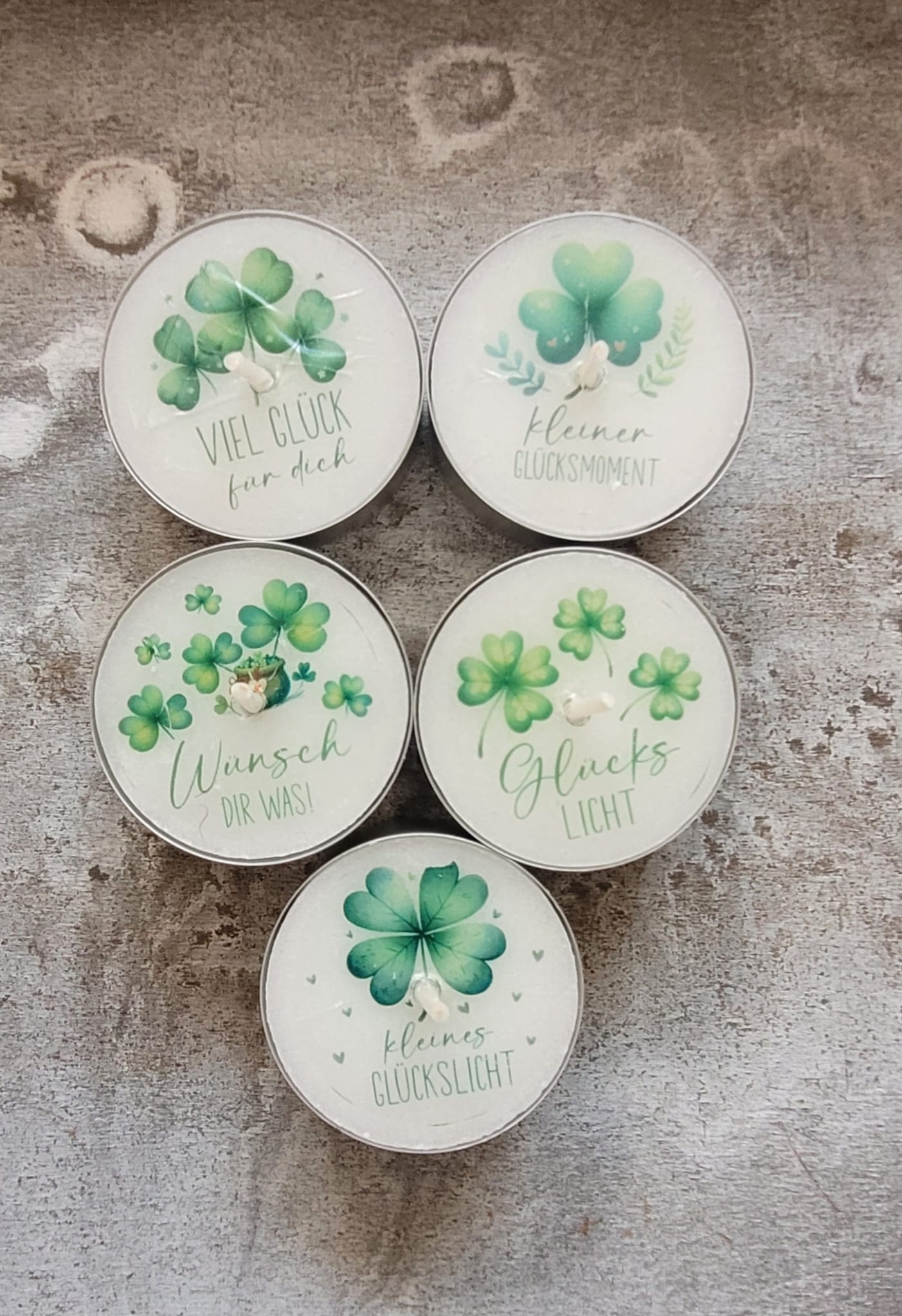 Glücks-Text-Teelichter (verschiedene Varinaten)