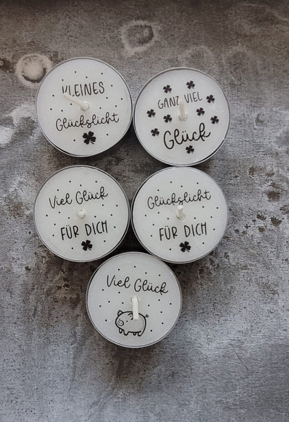 Glücks-Text-Teelichter (verschiedene Varinaten)